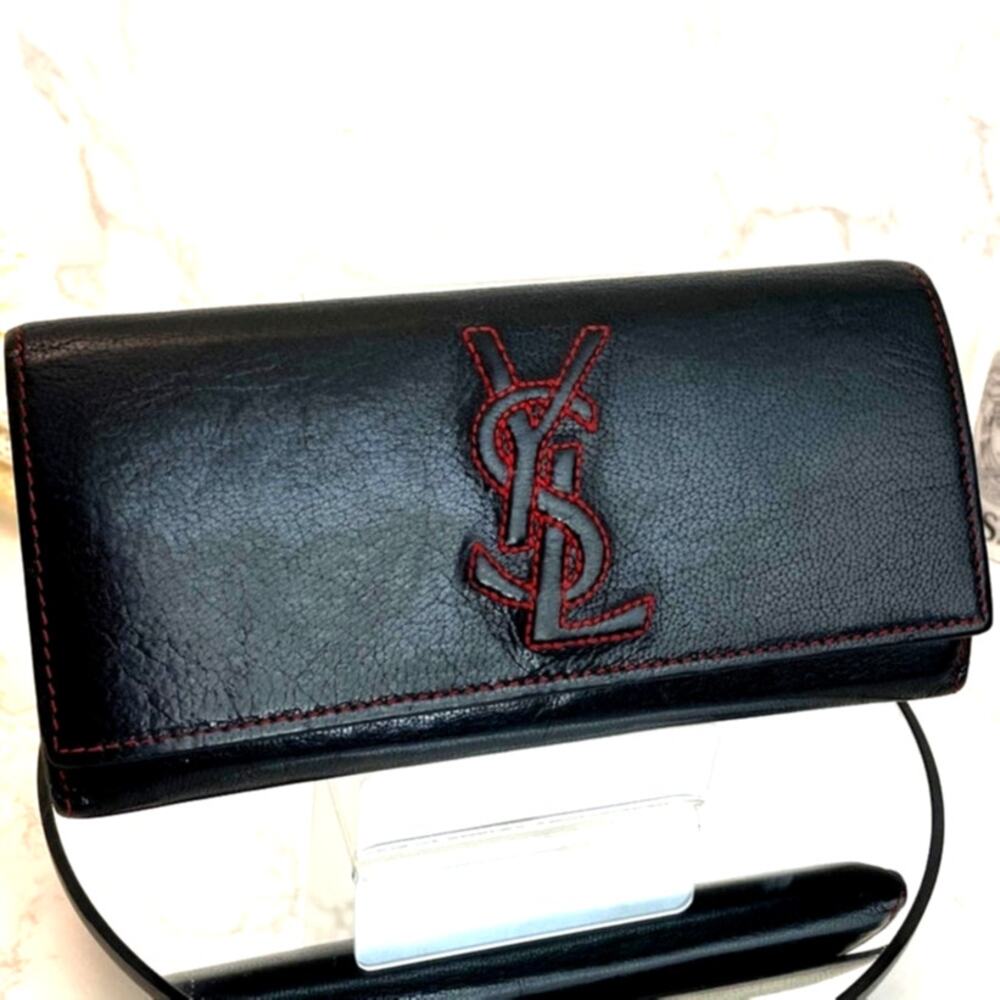 VINTAGE YVES SAINT LAURENT Continental Flap Wallet, Black Leather GUC